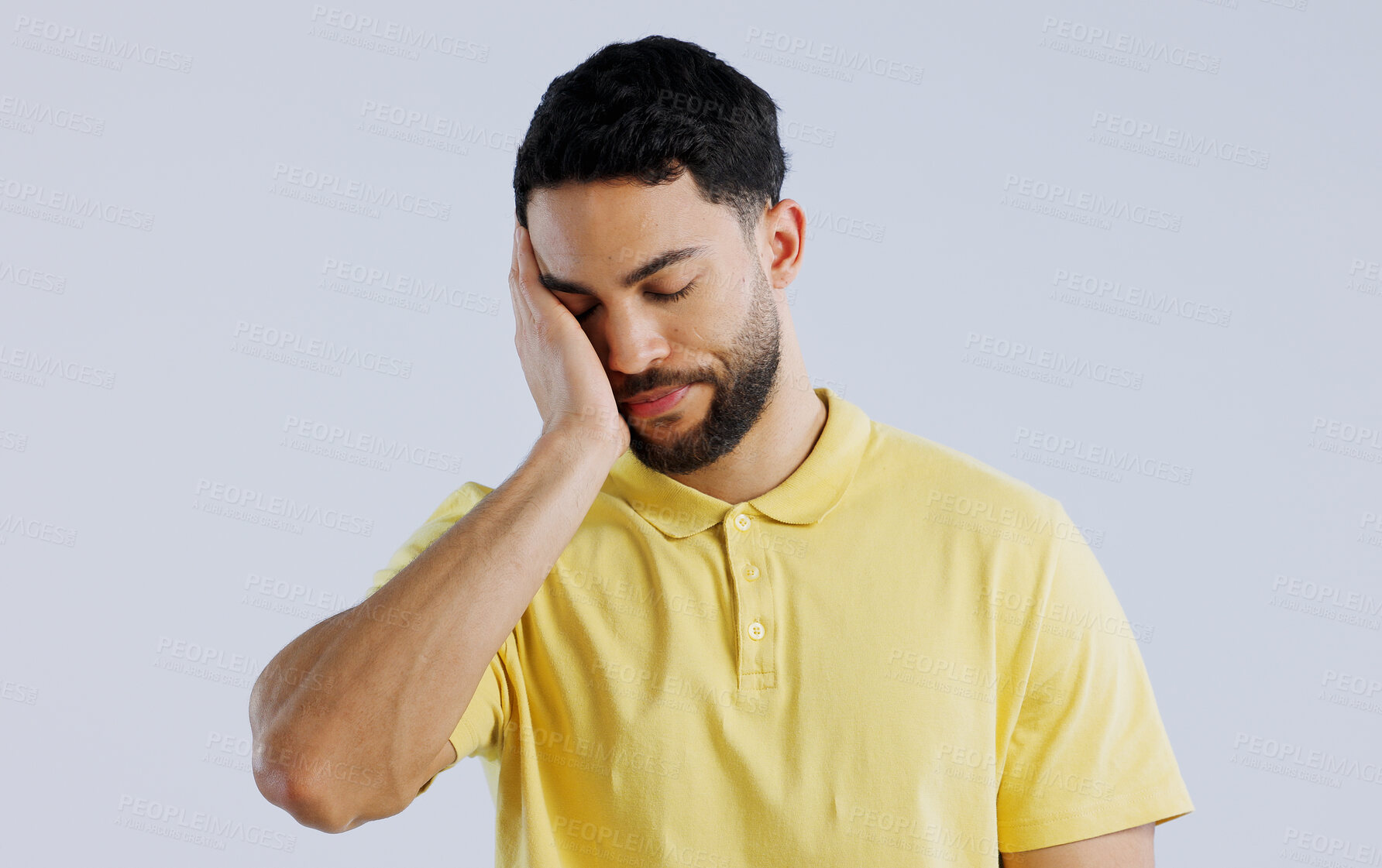 Buy stock photo Stress, burnout and a young asian man in studio isolated on a white background for mental health. Anxiety, headache and the hands of a sad person on his face in frustration for worry or a mistake