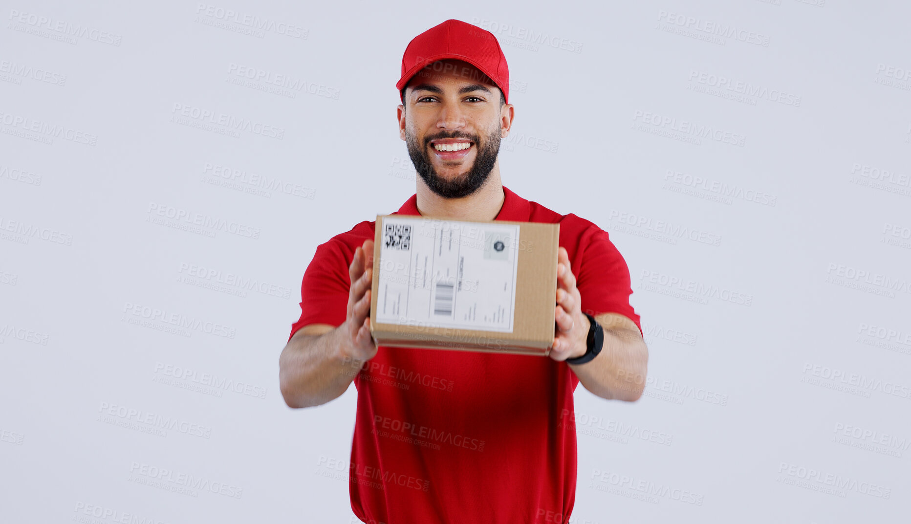 Buy stock photo Portrait, happy man and courier with delivery in studio for mock up on white background in Mexico. Male model, smile and excited for logistics, shipping or distribution of package, parcel or order