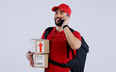 Buy stock photo Courier man, phone call and box in studio with contact for location, direction and supply chain by background. Logistics expert, smartphone and backpack with cardboard package, product and thinking