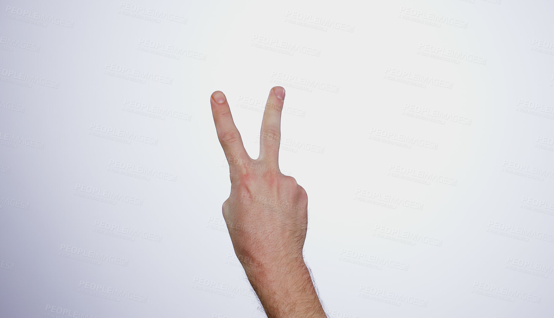 Buy stock photo Hand, counting two and person in studio with mockup space for advertising, peace emoji, promotion or marketing. Fingers, closeup and man model with mathematics numbers gesture for empty mock up by white background.