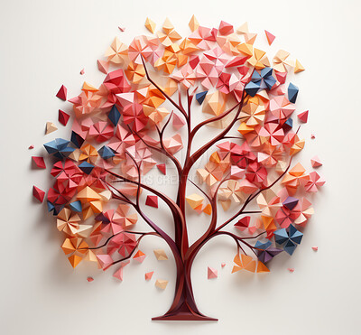 3D tree, leaves and art with lowpoly, design and concept for environment, nature and life. Ai generated, wallpaper and pattern with abstract shapes and colours.