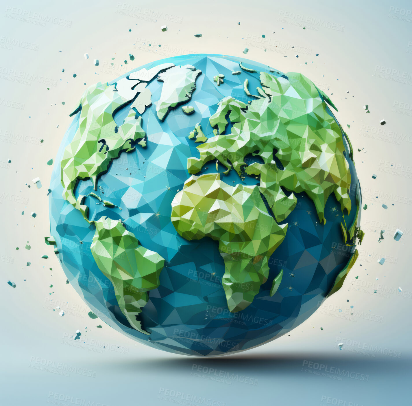 Buy stock photo 3D earth, planet and continent with lowpoly, design and concept for environment, nature  and life. Ai generated, wallpaper and pattern with abstract shapes and colours.