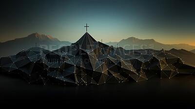 Polygon, geometric and design with lowpoly, cross and mountain for religion, creative and background. Ai generated, wallpaper and pattern with abstract shapes and colours.