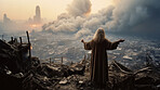 Figure, ruins and city with buildings in destroyed, apocalyptic or bombed urban area. Warzone, damage or abandoned or broken home and smoke from rubble in distance, landscape or horizon in background.