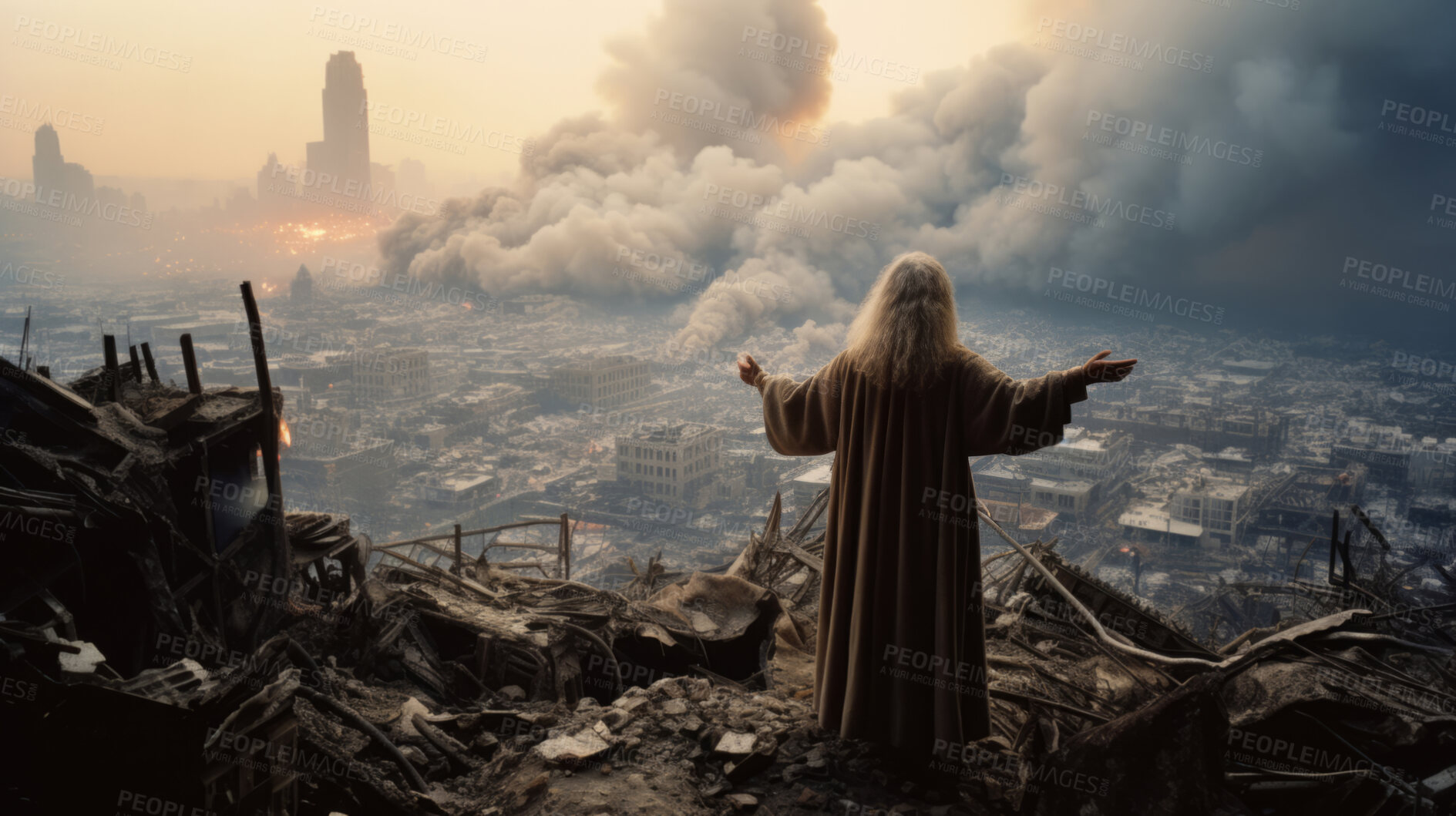 Buy stock photo Figure, ruins and city with buildings in destroyed, apocalyptic or bombed urban area. Warzone, damage or abandoned or broken home and smoke from rubble in distance, landscape or horizon in background.