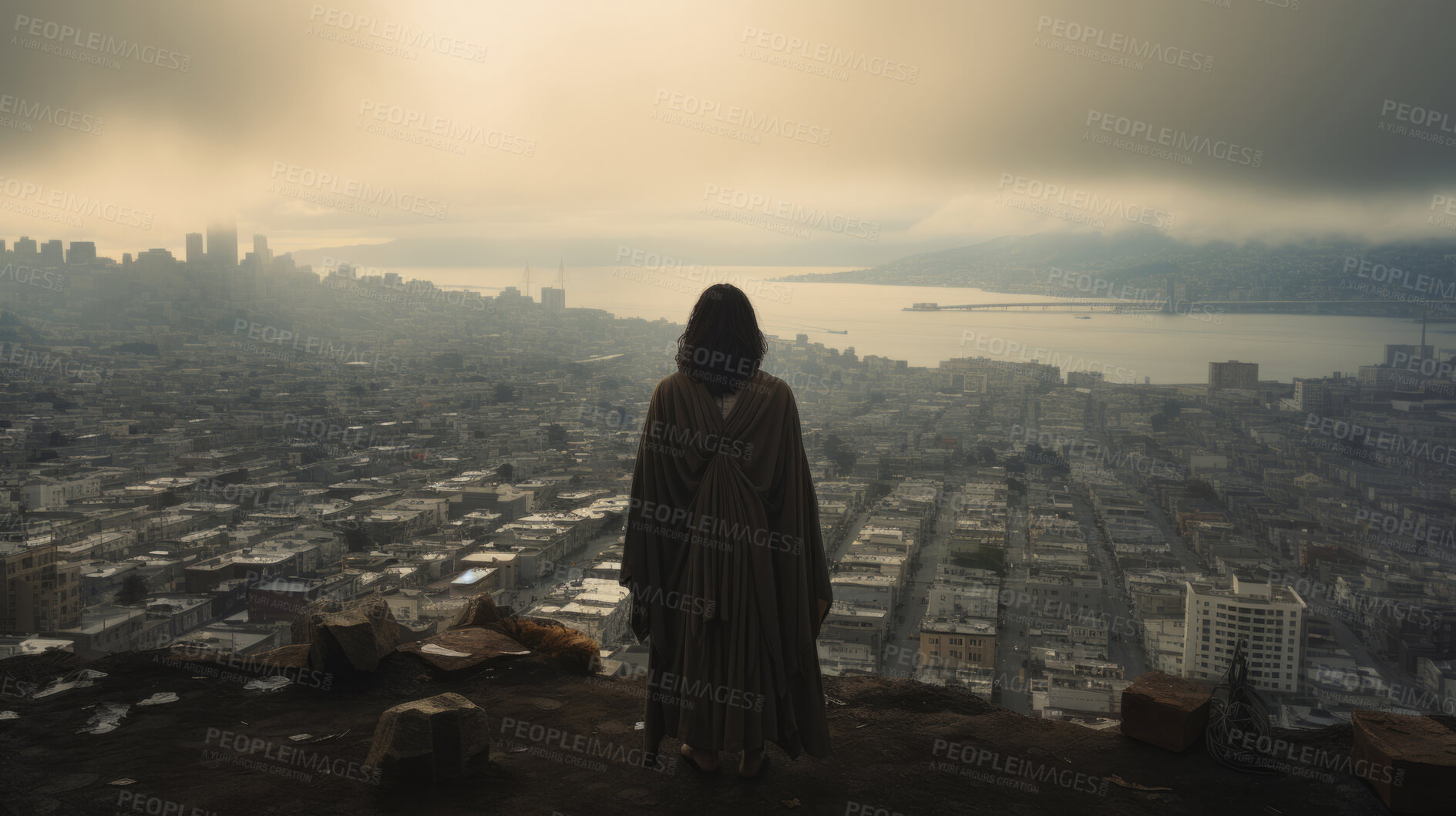 Buy stock photo Figure, ruins and city with buildings in destroyed, apocalyptic or bombed urban area. Warzone, damage or abandoned or broken home and smoke from rubble in distance, landscape or horizon in background.