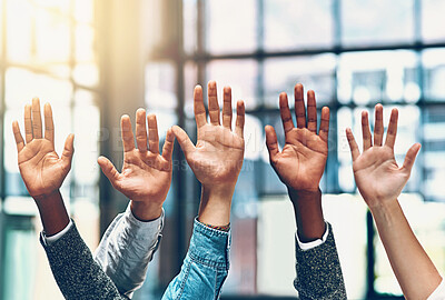Buy stock photo People, diversity and palm group hands in a office meeting with community and at work. Collaboration, teamwork and solidarity of staff with arms and hand raised in a workplace with company team
