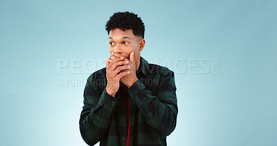 Buy stock photo Surprise, wow and hands on face of man in studio with shocking, news or info on blue background. Omg, gossip and male model with emoji reaction or drama, announcement or secret, giveaway or promotion