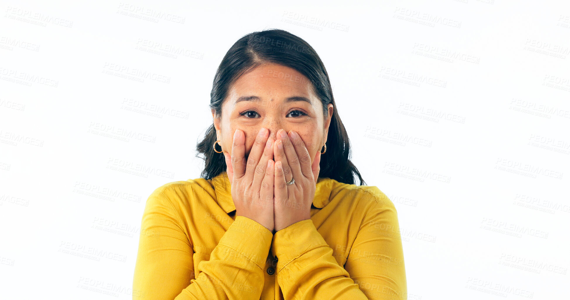 Buy stock photo Wow, news and hands on face of woman excited in studio for feedback, results or review on white background. Omg, portrait and winner with surprise emoji for announcement, lottery or competition prize