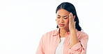 Stress, headache and asian woman in studio with anxiety for tax, audit or review on white background. Vertigo, migraine and Japanese model with brain fog, burnout or dizzy, overthinking or disaster