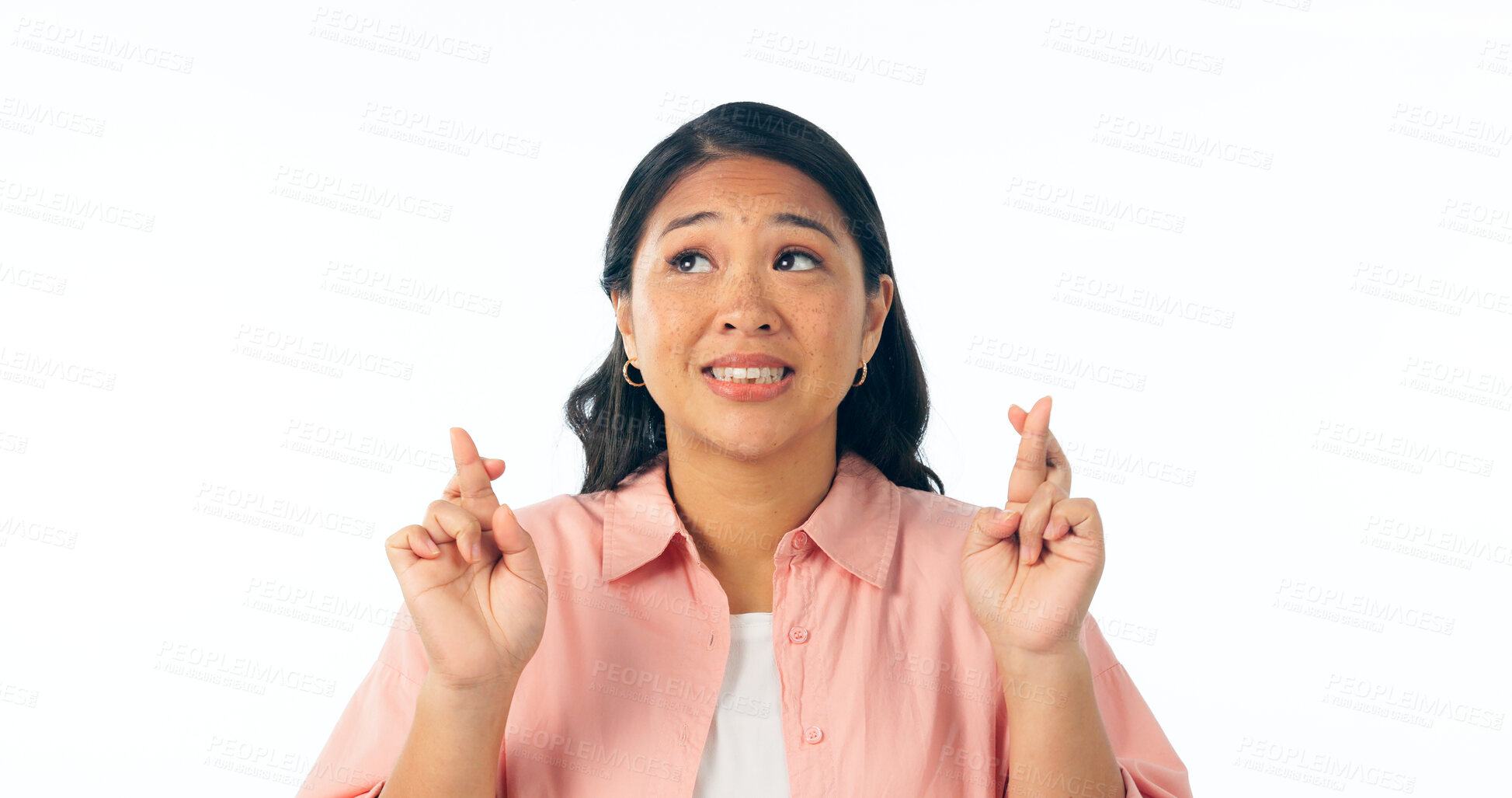Buy stock photo Hope, excited and woman with fingers crossed, winning and faith isolated on a white studio background. Person, girl and model with hand gesture, emoji and optimism with wish, mockup space or giveaway