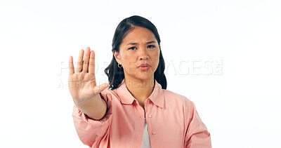 Buy stock photo Stop, hand and portrait of woman in studio with warning, boundaries or security on white background. Protest, palm and face of frustrated Asian model with not allowed emoji, limit or protection order