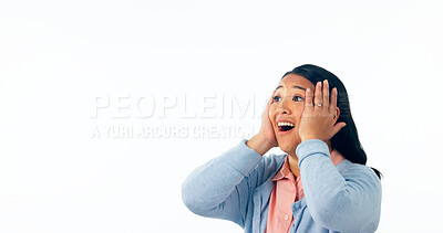 Buy stock photo Happy, wow and surprised woman in studio with mockup for news, announcement or deal on white background. Omg, shock or excited Japanese winner with mind blown emoji for platform, offer or space promo