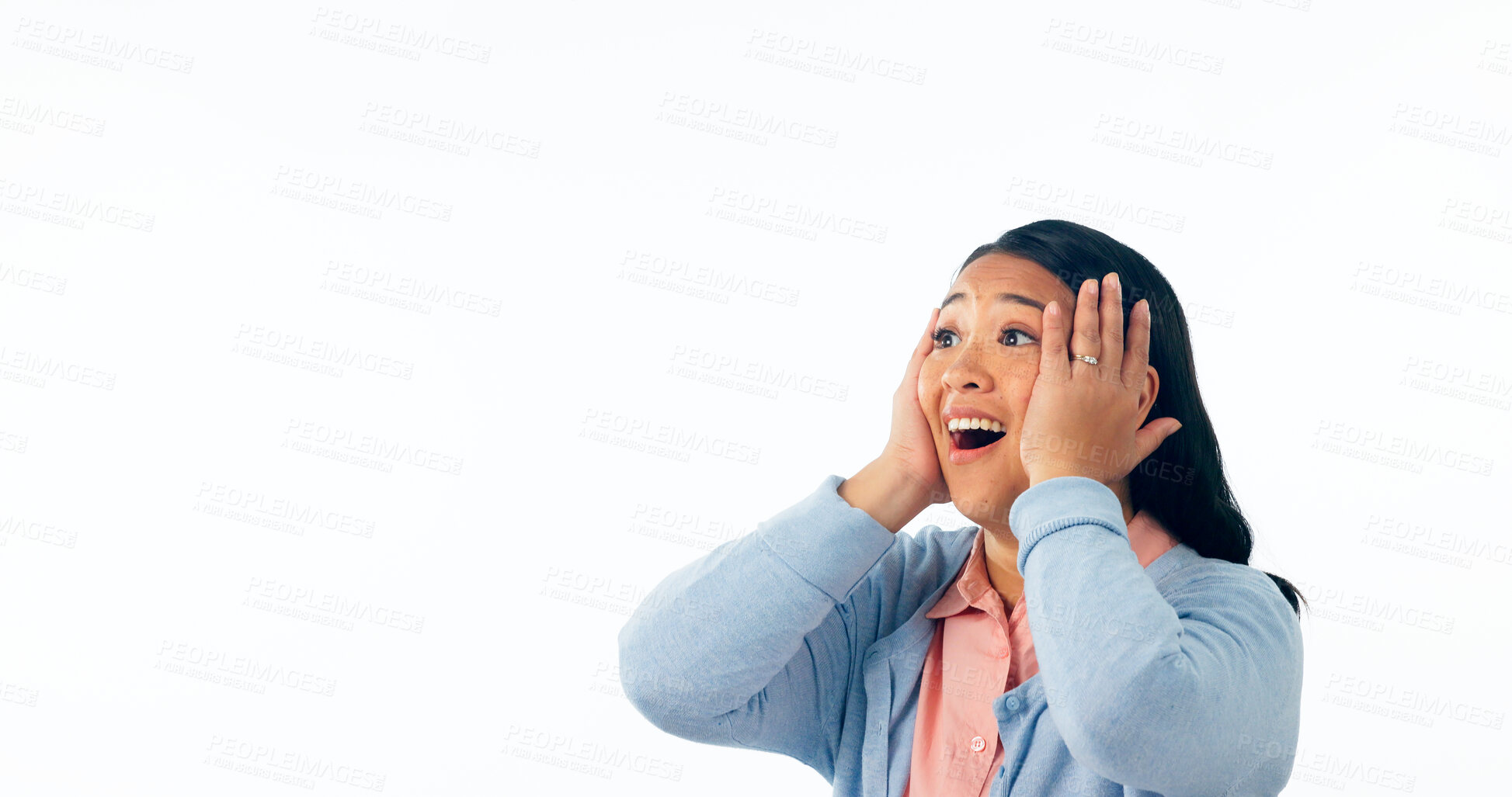 Buy stock photo Happy, wow and surprised woman in studio with mockup for news, announcement or deal on white background. Omg, shock or excited Japanese winner with mind blown emoji for platform, offer or space promo