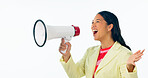 Woman, megaphone and voice for announcement, broadcast or news of sale or discount on a white background. Happy or excited Asian person with call to action, attention and noise for winner in studio