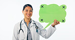 Doctor, speech bubble and communication mockup, chat poster or healthcare translation, forum and voice in studio. Portrait, asian woman and quote, advice or medical FAQ isolated on a white background