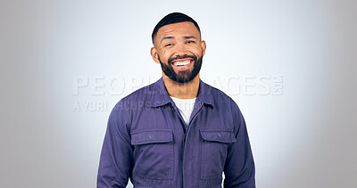 Buy stock photo Portrait, laugh and happy business man in studio with humor, joke or funny personality on grey background. comic, face and isolated entrepreneur with confidence, positive attitude or feel good mood