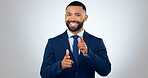Portrait, pointing at you and corporate businessman in studio with smile, choice or deal offer. Happy man, business owner or office consultant for recruitment, opportunity or vote on white background