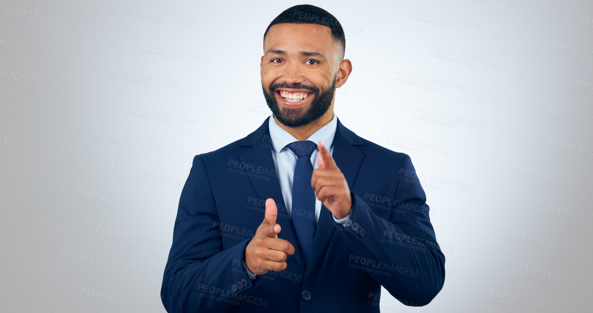 Buy stock photo Portrait, pointing at you and corporate businessman in studio with smile, choice or deal offer. Happy man, business owner or office consultant for recruitment, opportunity or vote on white background