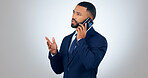 Phone call, talking and business man in studio for discussion, communication and online chat. Corporate, professional and person on smartphone for speaking, talking and networking on gray background
