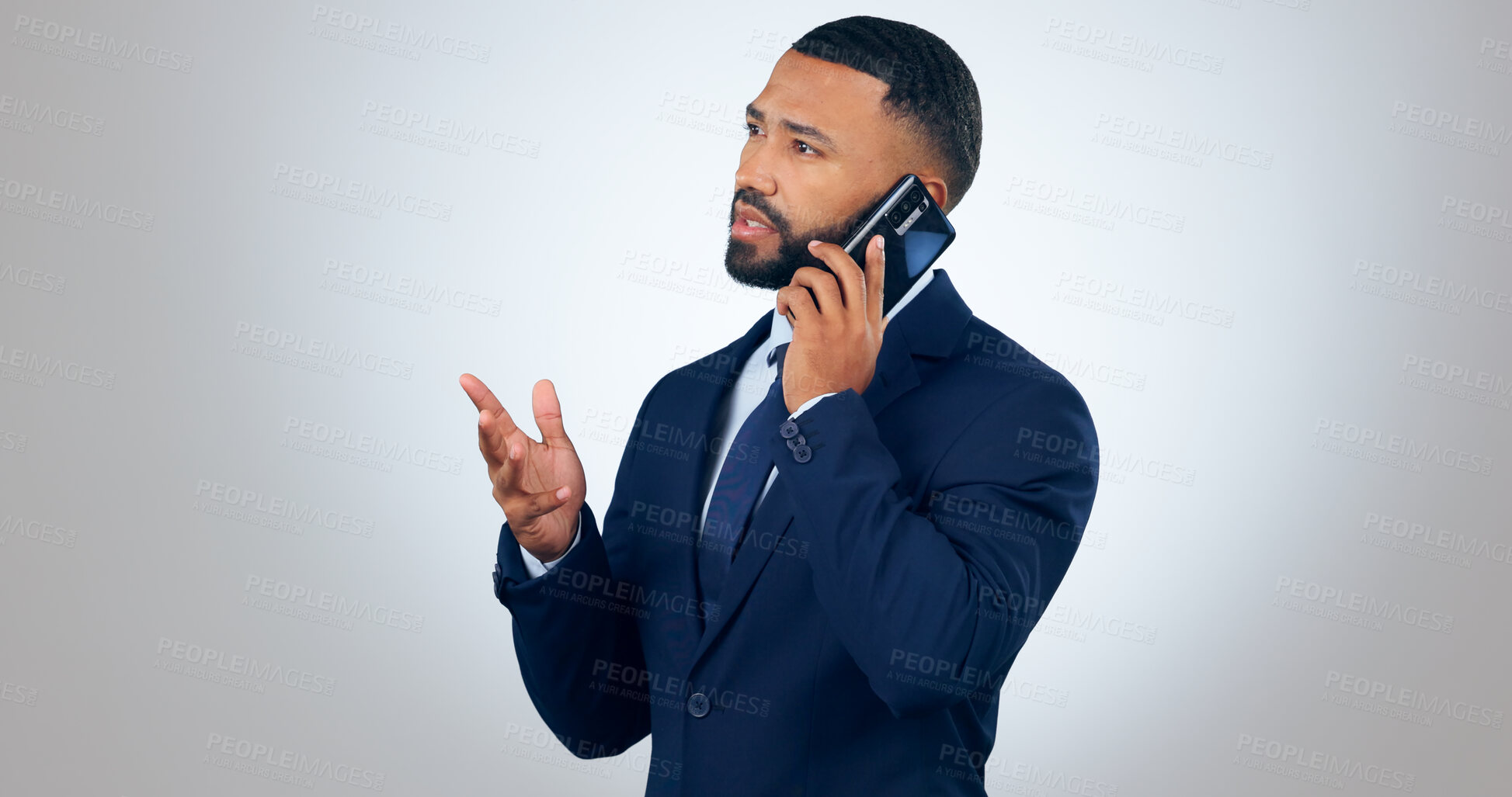 Buy stock photo Phone call, talking and business man in studio for discussion, communication and online chat. Corporate, professional and person on smartphone for speaking, talking and networking on gray background