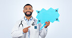 Doctor, speech bubble and communication mockup, chat poster or healthcare translation, forum and voice in studio. Portrait of african man pointing to medical quote or questions on a white background