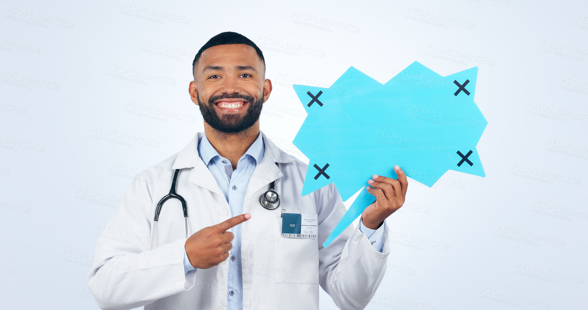 Buy stock photo Doctor, speech bubble and communication mockup, chat poster or healthcare translation, forum and voice in studio. Portrait of african man pointing to medical quote or questions on a white background