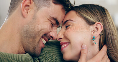 Buy stock photo Home, funny and couple with peace, love and romantic with marriage, relationship and bonding together. Cheerful people, romance and man with woman, hug and humor with support, happiness or commitment
