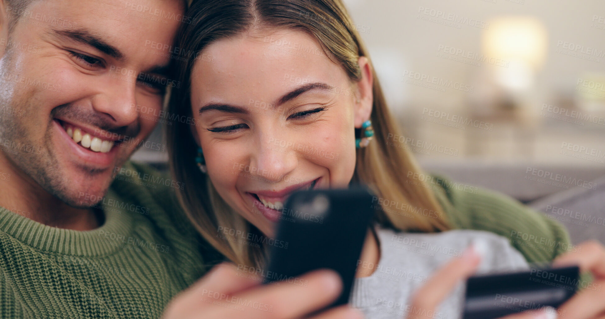Buy stock photo Home, credit card and couple with a smartphone, ecommerce and payment with online shopping. Apartment, man and woman with a cellphone, transaction or banking app with savings, financial or investment