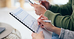 Closeup, woman and hand with clipboard for financial planning, budget or savings in home. Female person, pen and paperwork for checking by spouse for calculation of money for family, future or growth