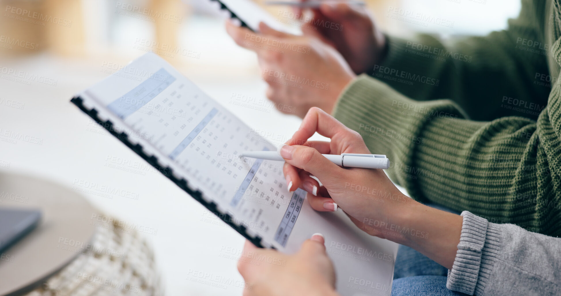 Buy stock photo Closeup, couple and hand with clipboard for financial planning, budget or savings in home. Woman, pen or paperwork for checking by spouse for calculation of money for future, investment or growth