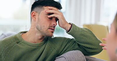 Buy stock photo Man, headache and fight on sofa in home with discussion, talk and frustration with spouse for infidelity, lies or cheating. Husband, hand and stress for conversation, divorce and conflict with wife