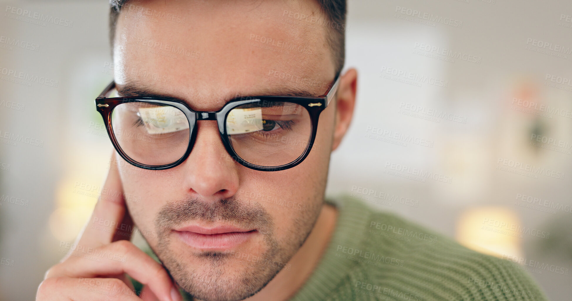 Buy stock photo Man, thinking and employee for decision, glasses and idea with face, closeup and office. Planning, research and mockup space with solution mindset, freelance writer and ideas for problem solving
