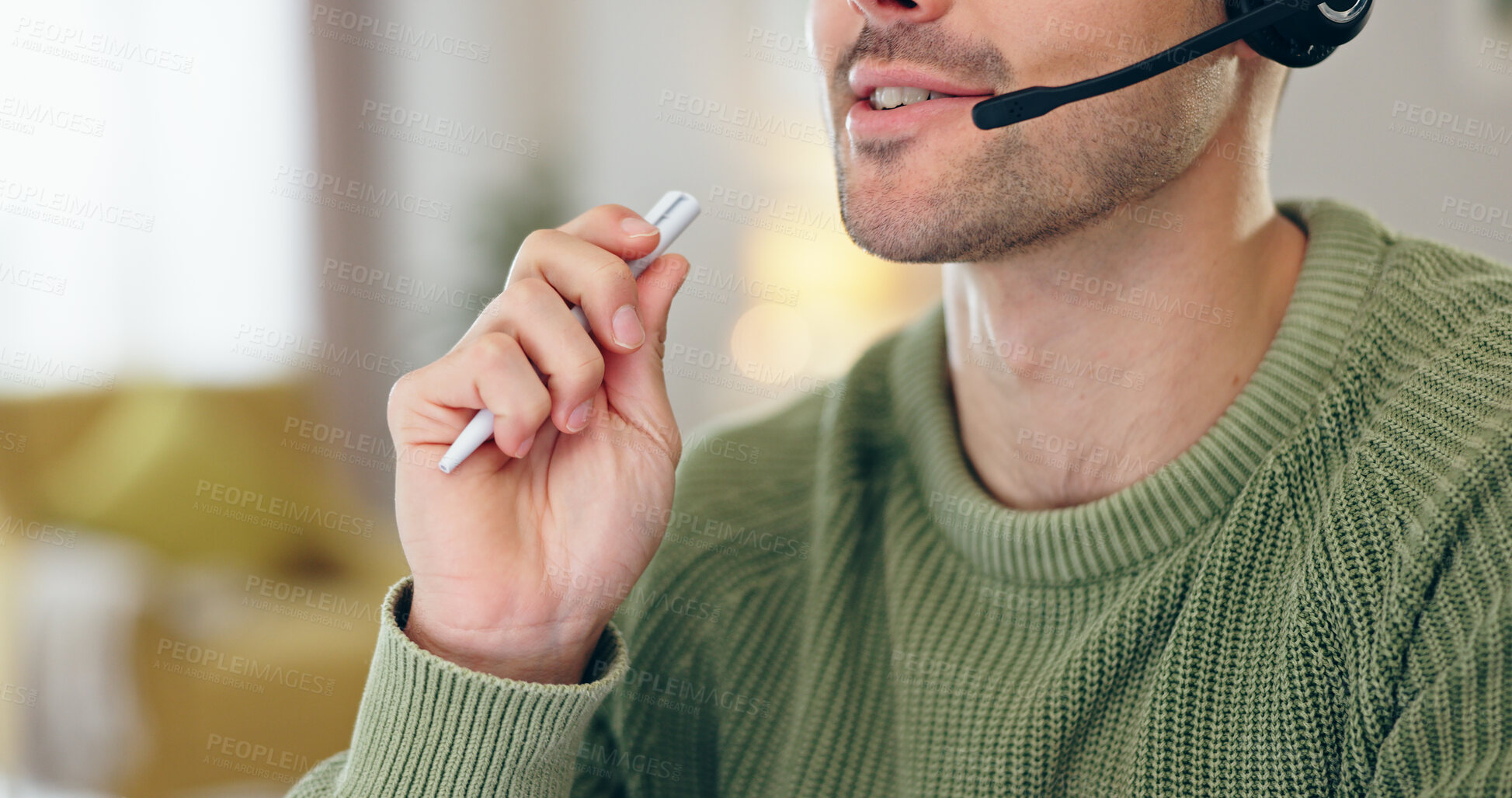 Buy stock photo Closeup, person and mouth with headset for telemarketing, communication or customer care for remote work. Man, male call centre or agent with pen in hand for writing, report or document by consulting