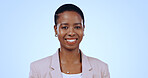 Portrait, black woman and smile in studio for business, pride and confident lawyer isolated on blue background in Nigeria. Happy legal attorney, employee and expert working for professional career 