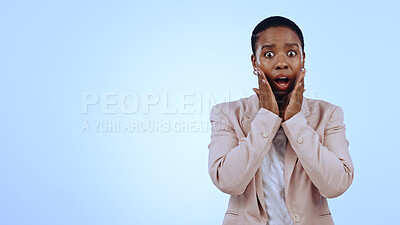 Woman, portrait or shocked in studio for announcement, notification or overwhelmed on blue background. Black person, hand on face or surprised with wow for gossip, surprise or secret on mock up space