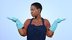 Woman, cleaner and gloves with hands, question and confused for cleaning and blue studio background. Housekeeper, cleaning service and doubt for hygiene, decision and hand gesture for mockup space