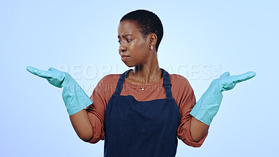 Buy stock photo Woman, cleaner and gloves with hands, question and confused for cleaning service and blue studio background. Housekeeper, maintenance and doubt for hygiene, decision and hand gesture for mockup space