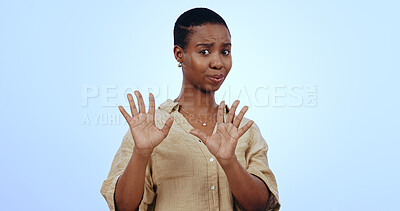 Buy stock photo Black woman, fear and shock with hands for stop in studio on blue background for mock up. Portrait, female model and horror emoji for bad, reaction or expression on face for alarm, confused or scared