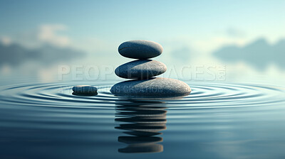 Stacked zen stones, meditation and concentration for mindfulness practise and peace. Wallpaper, background and balance with copy-space for mind, body and soul. Rocks on water or ocean at sunset