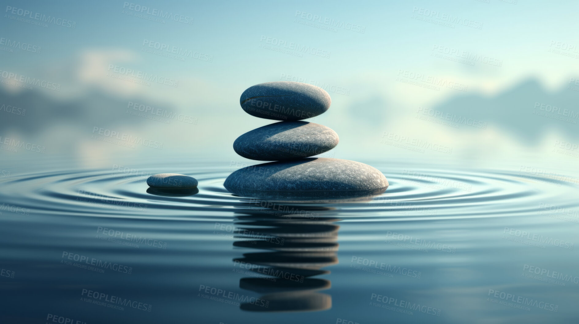 Buy stock photo Stacked zen stones, meditation and concentration for mindfulness practise and peace. Wallpaper, background and balance with copy-space for mind, body and soul. Rocks on water or ocean at sunset