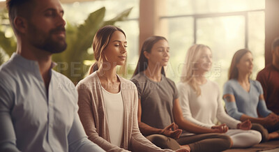 Group, diverse and meditation in a studio for mindfulness practise and spirituality. People sitting, deep breathing and religion for mental health, burnout, zen, calm and stress free lifestyle. Mind, body, soul