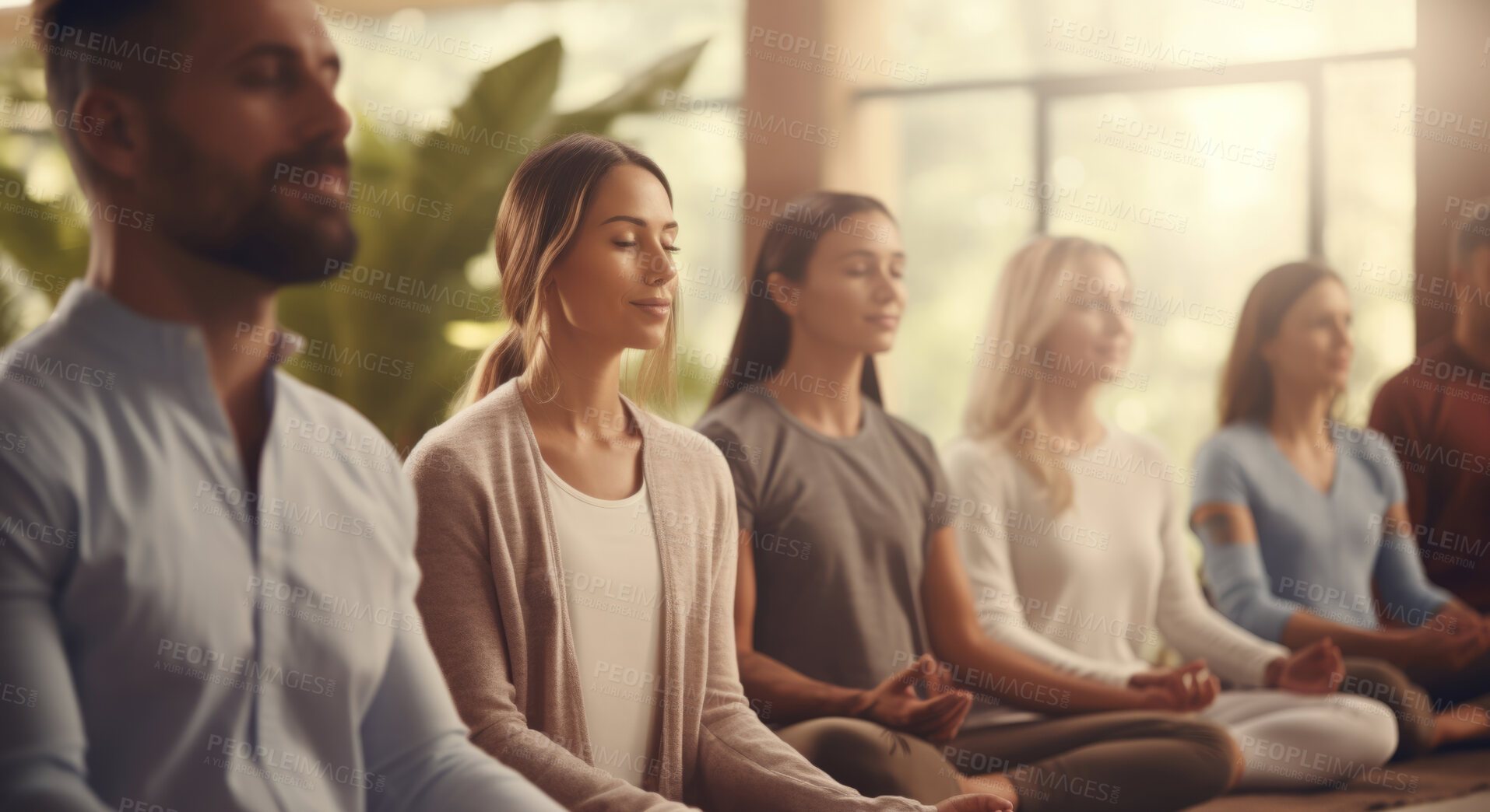 Buy stock photo Group, diverse and meditation in a studio for mindfulness practise and spirituality. People sitting, deep breathing and religion for mental health, burnout, zen, calm and stress free lifestyle. Mind, body, soul