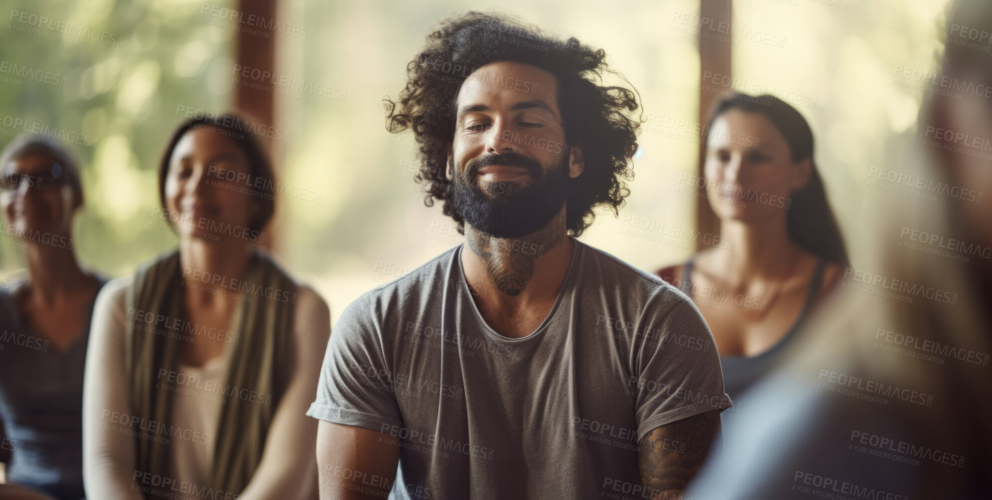 Buy stock photo Group, diverse and meditation in a studio for mindfulness practise and spirituality. People sitting, deep breathing and religion for mental health, burnout, zen, calm and stress free lifestyle. Mind, body, soul