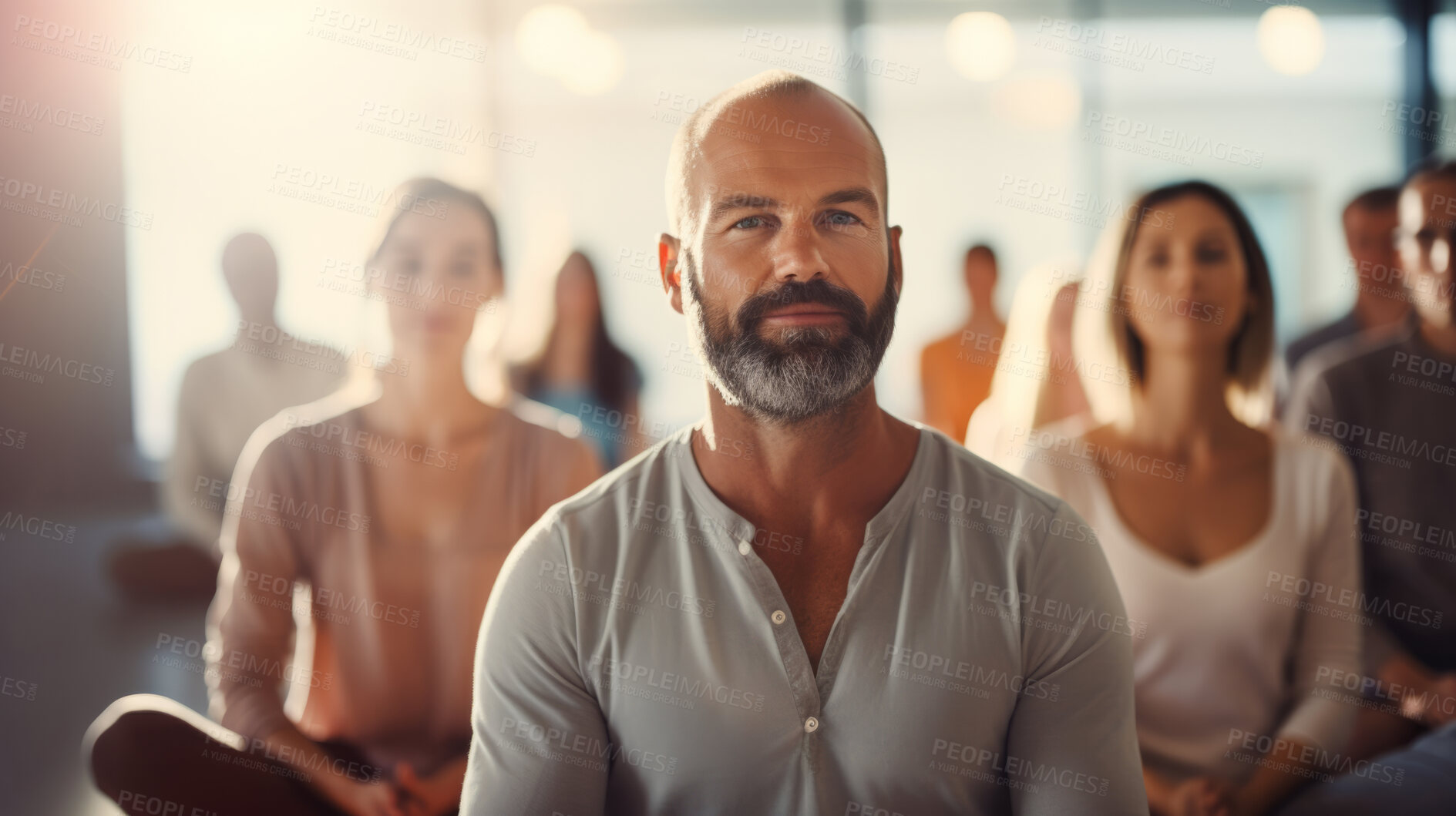 Buy stock photo Group, diverse and meditation in a studio for mindfulness practise and spirituality. People sitting, deep breathing and religion for mental health, burnout, zen, calm and stress free lifestyle. Mind, body, soul