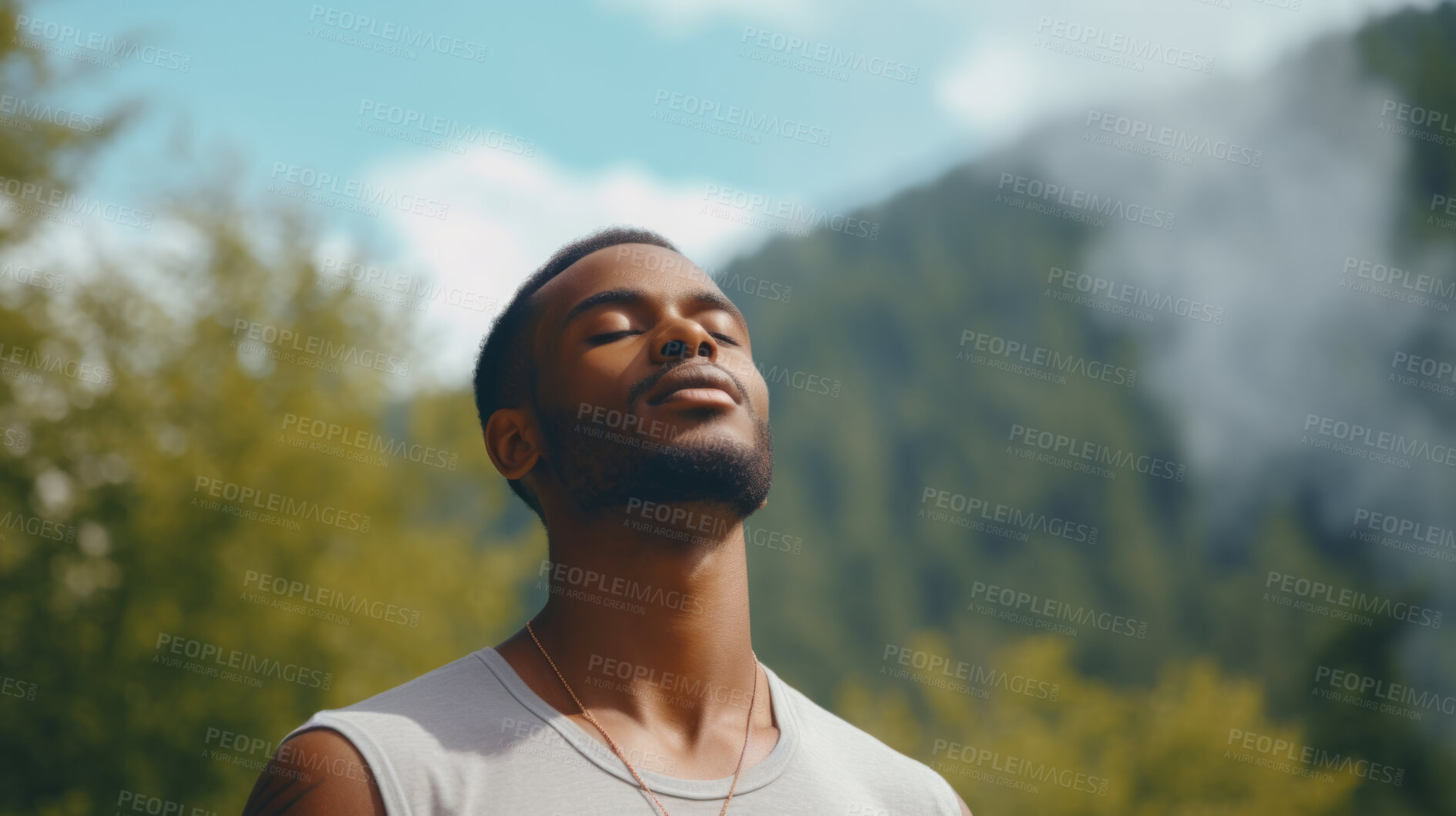 Buy stock photo Man, deep breathing and meditation in nature and blue sky for mindfulness and spirituality. Serene, peaceful and stress free for mental health wellbeing, religion and worship practise