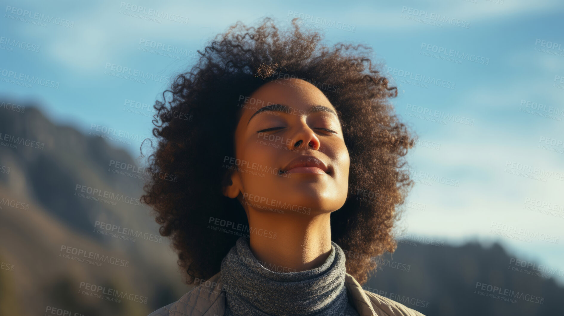 Buy stock photo Woman, deep breathing and meditation in nature and blue sky for mindfulness and spirituality. Serene, peaceful and stress free for mental health wellbeing, religion and worship practise