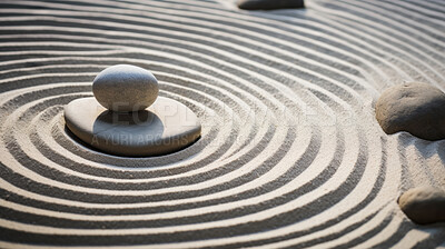 Japan, Zen and garden in sand with stone for mindfulness and spirituality. Pattern, pebble and practise for peace, stress free and mental health for religion, tradition, calm, body, mind and soul