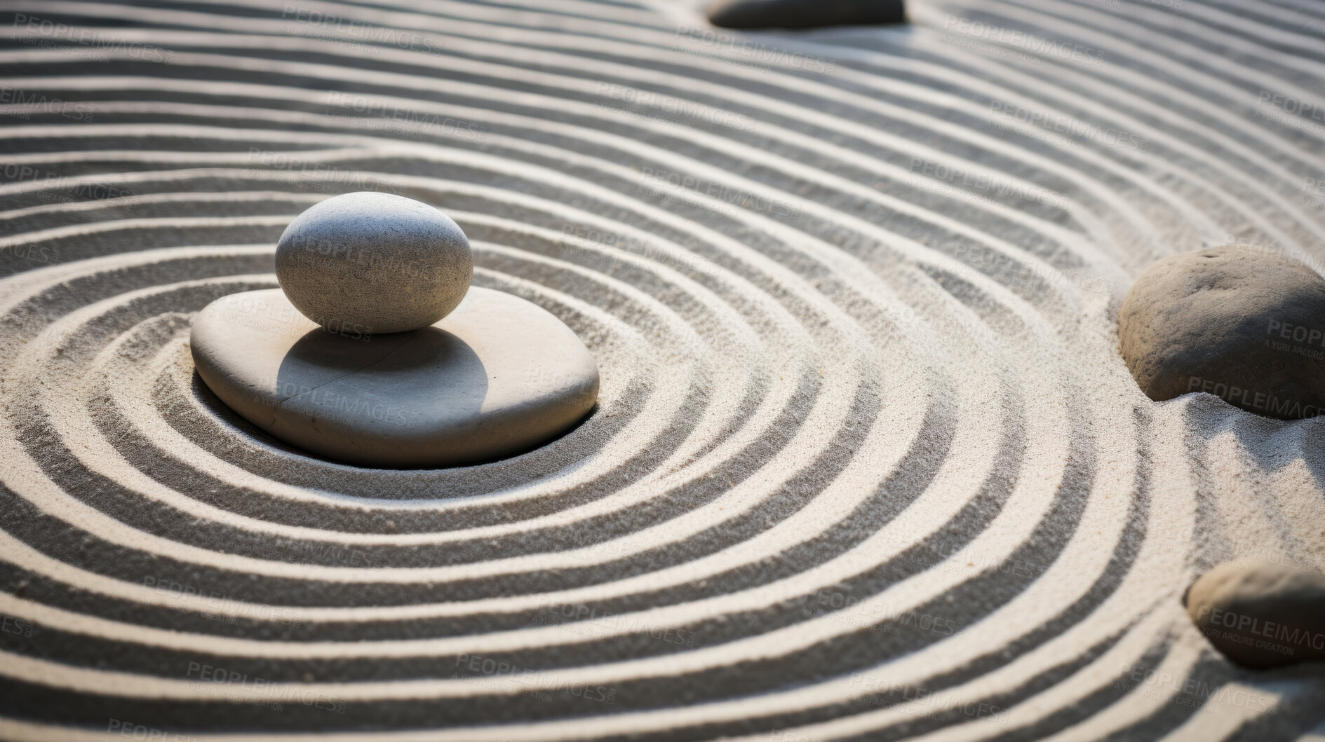 Buy stock photo Japan, Zen and garden in sand with stone for mindfulness and spirituality. Pattern, pebble and practise for peace, stress free and mental health for religion, tradition, calm, body, mind and soul