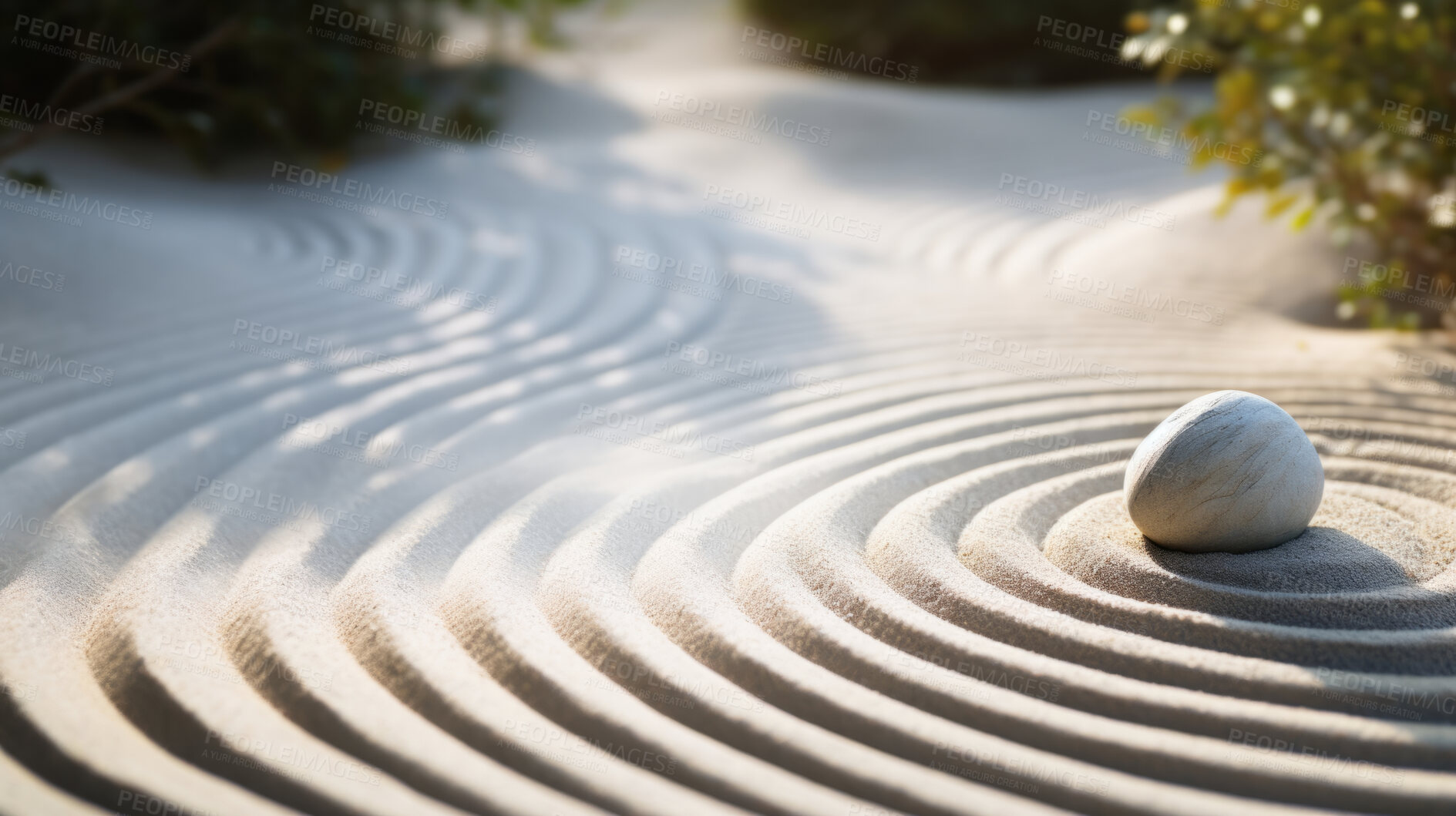 Buy stock photo Japan, Zen and garden in sand with stone for mindfulness and spirituality. Pattern, pebble and practise for peace, stress free and mental health for religion, tradition, calm, body, mind and soul